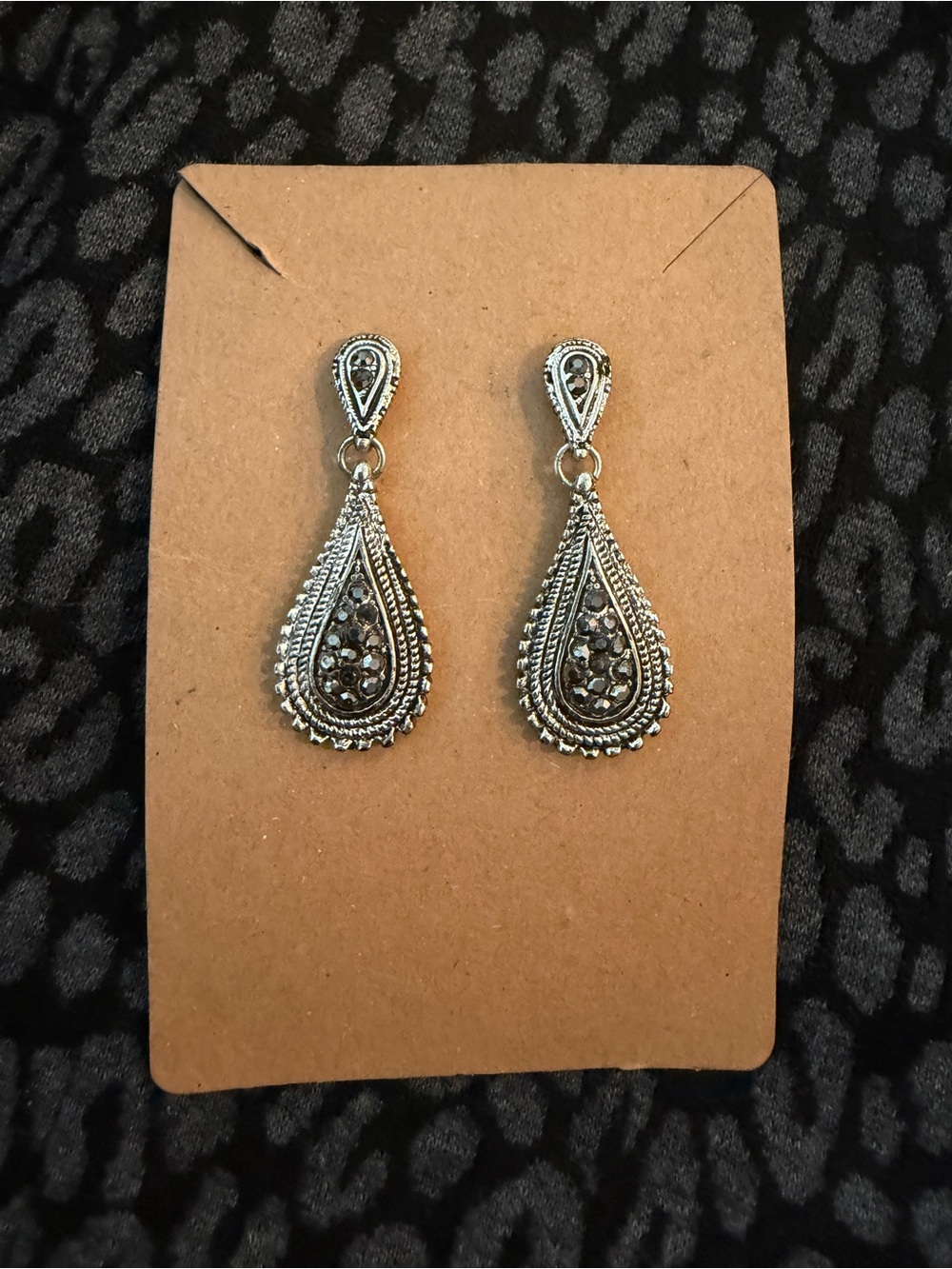 Silver-tone Teardrop Dangle Earrings with Black Rhinestones
